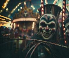 eng clown een sinister, vervallen carnaval met gedraaid ritten en spookachtig carnaval uitvoeren foto