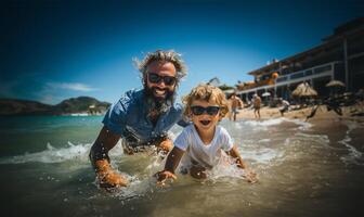 senior Mens en een kind spelen en spatten met water Aan een strand in zomer. ai gegenereerd foto