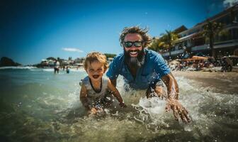 senior Mens en een kind spelen en spatten met water Aan een strand in zomer. ai gegenereerd foto