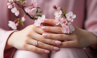 vrouw handen met manicure Holding bloem. ai gegenereerd foto