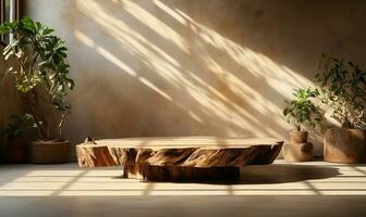 natuurlijk log hout podium tafel in zonlicht ai gegenereerd foto