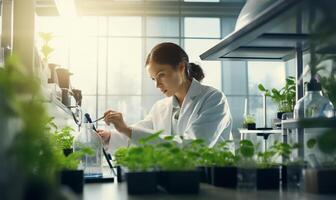 agronoom bioloog vrouw groeit groen planten in laboratorium. ai gegenereerd foto