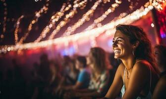 Dames lachend en hebben een mooi zo tijd Bij een concert Bij een muziek- festival. ai gegenereerd foto