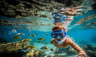 jongen snorkelen in een transparant oceaan aan het kijken kleurrijk vis. ai gegenereerd foto