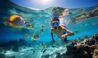 jongen snorkelen in een transparant oceaan aan het kijken kleurrijk vis. ai gegenereerd foto