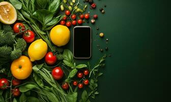voedsel levering. telefoon met leeg scherm en biologisch groenten in de omgeving van. ai gegenereerd foto