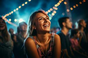 Dames lachend en hebben een mooi zo tijd Bij een concert Bij een muziek- festival. ai gegenereerd foto