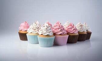 cupcakes met blauw en roze decoratie Aan wit achtergrond, dichtbij omhoog visie. ai gegenereerd foto