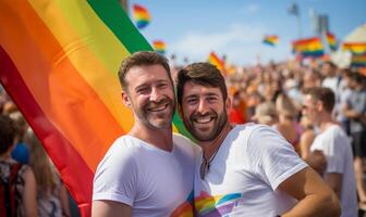 twee mannen met lgbt vlaggen Bij de homo trots demonstratie. ai gegenereerd foto