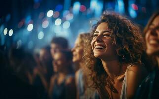 Dames lachend en hebben een mooi zo tijd Bij een concert Bij een muziek- festival. ai gegenereerd foto