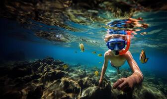 jongen snorkelen in een transparant oceaan aan het kijken kleurrijk vis. ai gegenereerd foto