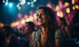 Dames lachend en hebben een mooi zo tijd Bij een concert Bij een muziek- festival. ai gegenereerd foto