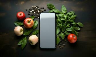 mobiel telefoon bespotten omhoog voor zoeken en boodschappen doen online boodschap, app voor recept, voeding en eetpatroon. blanco smartphone. ai gegenereerd foto