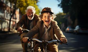 grappig senior Mens rijden een fiets met zijn kleinzoon. ai gegenereerd foto