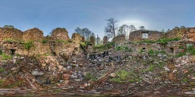 vol naadloos bolvormig hdri panorama 360 graden hoek visie binnen steen verlaten geruïneerd boerderij gebouw zonder dak in equirectangular projectie, klaar ar vr virtueel realiteit inhoud foto