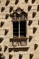 detail van de ramen van de historisch huis van de schelpen gebouwd in 1517 door rodrigo aria's de maldonado ridder van de bestellen van Santiago de compostela in Salamanca, Spanje foto