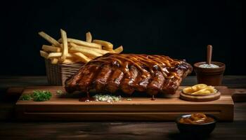 gegrild varkensvlees steak Aan rustiek houten bord gegenereerd door ai foto