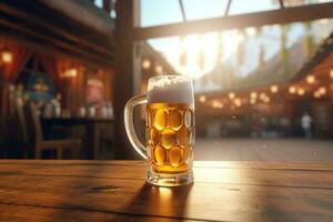 schuimend bier in groot glas mok staat in lokaal bar Aan oktoberfeest, ai gegenereerd foto