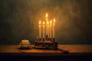 kandelaar met brandend kaarsen voor Chanoeka, ai gegenereerd foto