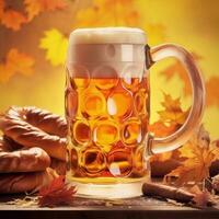 schuimend bier in groot glas mok staat in lokaal bar Aan oktoberfeest, ai gegenereerd foto