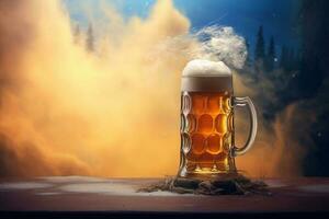 schuimend bier in groot glas mok staat in lokaal bar Aan oktoberfeest, ai gegenereerd foto