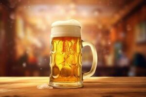 schuimend bier in groot glas mok staat in lokaal bar Aan oktoberfeest, ai gegenereerd foto