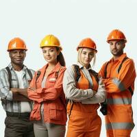 portret van gelukkig team van arbeiders in harde hoeden staand met armen gekruiste geïsoleerd over- wit achtergrond ai generatief foto