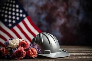 helm met bloemen en Amerikaans vlag Aan houten tafel. arbeid dag concept ai generatief foto