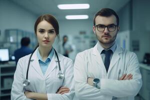 ai generatief portret van zelfverzekerd artsen staand met gekruiste armen in modern ziekenhuis gang foto