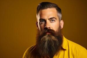 ai generatief portret van een knap Mens in een geel jasje met lang baard en snor Aan bruin achtergrond foto