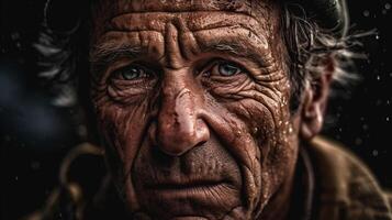 ai generatief portret van een oud Mens met een vuil gezicht foto