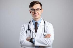 ai generatief portret van zelfverzekerd mannetje dokter in wit jas en stethoscoop staand met armen gekruiste en op zoek Bij camera foto