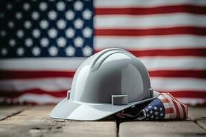 moeilijk hoed en Amerikaans vlag Aan houten achtergrond. arbeid dag concept. ai generatief foto