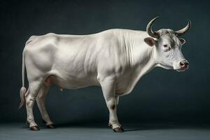 ai generatief wit koe met lang hoorns Aan een donker achtergrond, studio schot foto