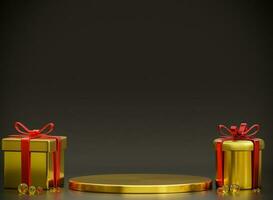 goud meetkundig voetstuk podium en geschenk doos .3d gouden luxe cirkel. gouden geschenk doos gebonden met een rood boog. foto