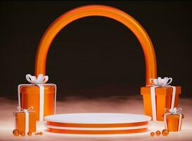 3d renderen oranje podium met geschenk doos ,weergave voor kunstmatig .leeg vitrine voor Product presentatie. foto