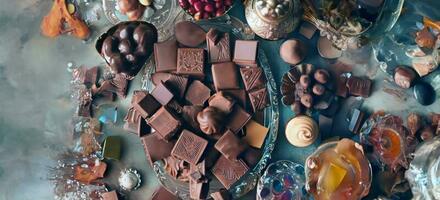 ai gegenereerd, generatief ai, top visie divers soort van chocola cacao snoepjes gemengd smaak luxe glas bord, kristal dienblad, in luxe achtergrond met kopiëren ruimte, wereld chocola dag concept foto