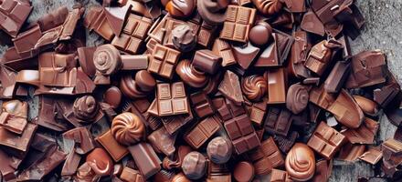 ai gegenereerd, generatief ai, top visie stack stapel van divers soort van chocola cacao snoepjes, gemengd smaak, sommige gebroken of gebarsten, bitter en melk en donker, bonbon, wereld chocola dag concept foto