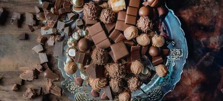 ai gegenereerd, generatief ai, top visie divers soort van chocola cacao snoepjes gemengd smaak luxe glas bord, kristal dienblad, in luxe achtergrond met kopiëren ruimte, wereld chocola dag concept foto