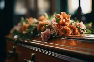 lijkkist bloemen begrafenis. genereren ai foto