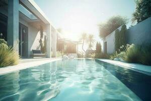 futuristische zwembad villa strand. genereren ai foto