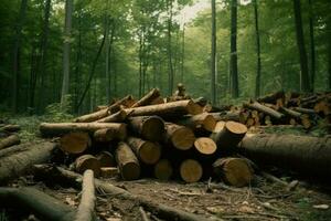 lang Woud snijder bomen stomp. genereren ai foto