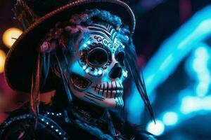 neon carnaval skelet vrouw. genereren ai foto
