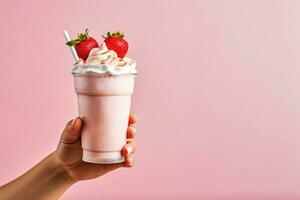 aardbei milkshake in vrouw hand- Aan een roze achtergrond foto