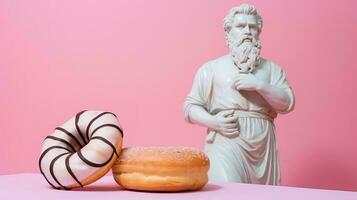 kunst beeldhouwwerk van oude Italiaans van marmeren met een donut geïsoleerd Aan een pastel achtergrond met een kopiëren ruimte foto