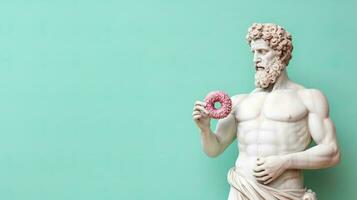 kunst beeldhouwwerk van oude Italiaans van marmeren met een donut geïsoleerd Aan een pastel achtergrond met een kopiëren ruimte foto