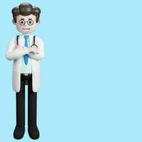 3d renderen van een tekenfilm dokter karakter. illustratie van mannetje dokter.presentatie klem kunst. foto