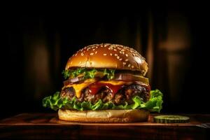 hamburger Aan een donker achtergrond. snel voedsel. generatief ai technologie. foto