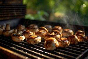 champignons champignons Aan een barbecue Aan een donker achtergrond. generatief ai technologie. foto