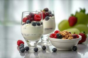 yoghurt met fruit Aan een wit tafel. gezond ontbijt. gepast voeding. gezond voedsel. generatief ai technologie foto